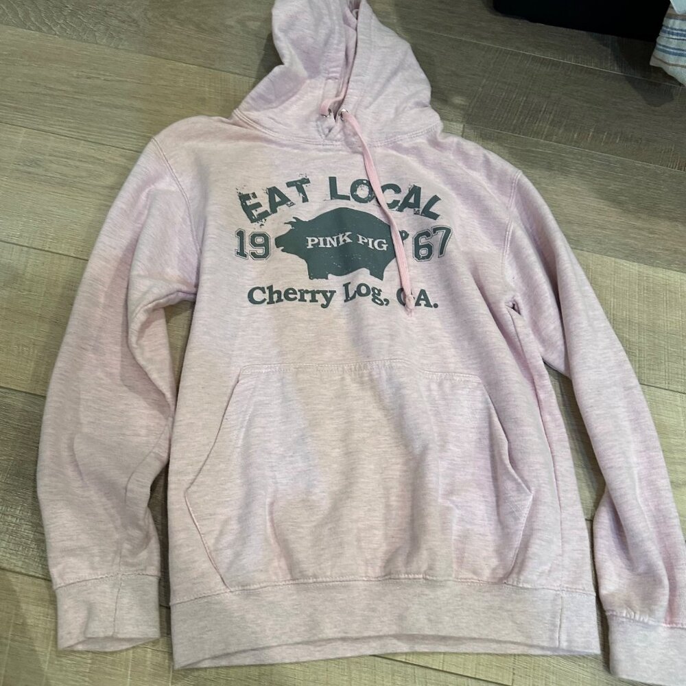 JUSTHOODS HEATHER PINK SMALL EAT LOCAL PINK PIG CHERRY LOG HOODIE